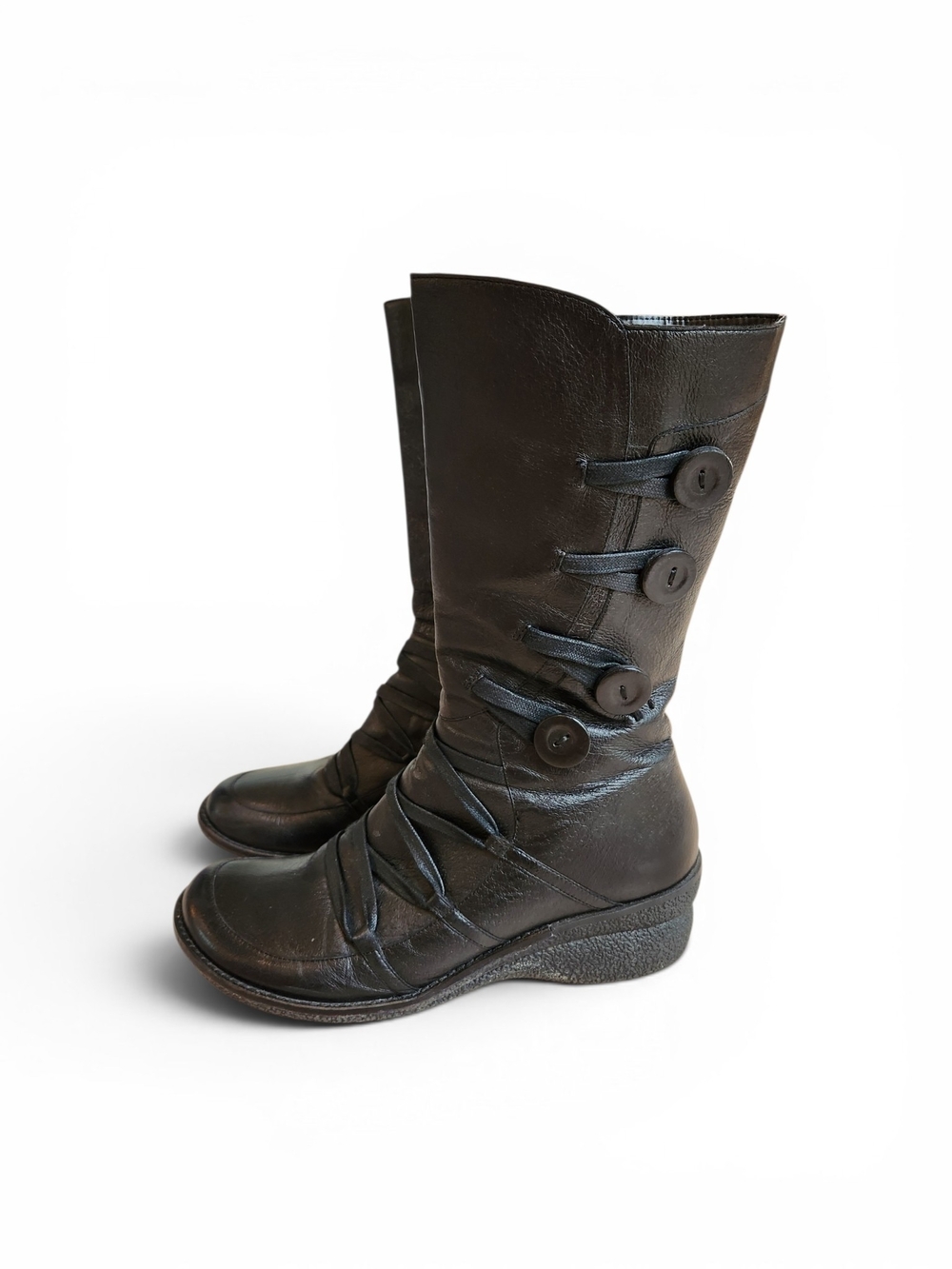 Miz Mooz Black Button-Detail Mid-Calf Wedge Boots Size EU 41 US 10 To 10.5